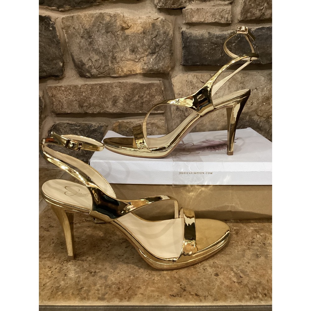 Jessica Simpson Jexida Gold Mirror Metallic Strappy Stiletto Sandals 10M New